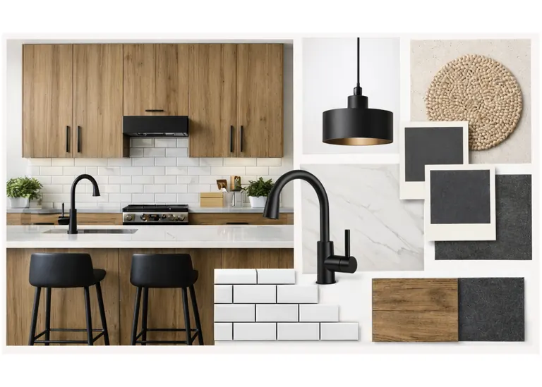 A kitchen design board: a render of the finished room beside tile, stone, timber and fixture samples