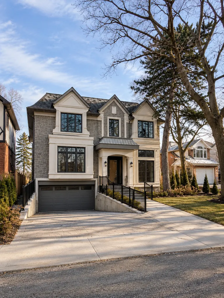 A finished two-storey custom home in Cliffcrest: grey stone with limestone surrounds, gabled dormers, and a garage set below the entrance
