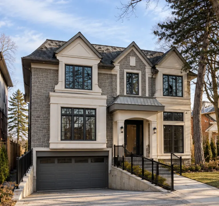 A finished two-storey custom home in grey stone and limestone with gabled dormers and a black-framed entrance