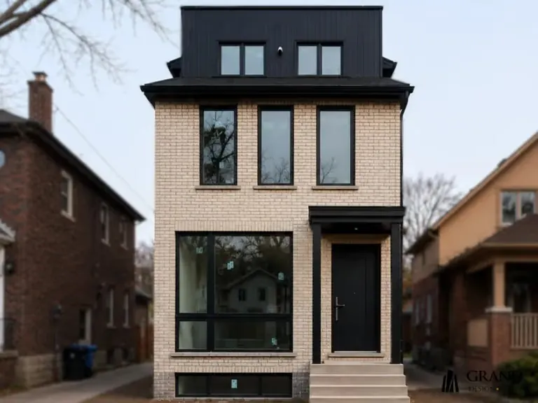 A finished three-storey infill home on Douglas Avenue, buff brick under a black-clad top floor
